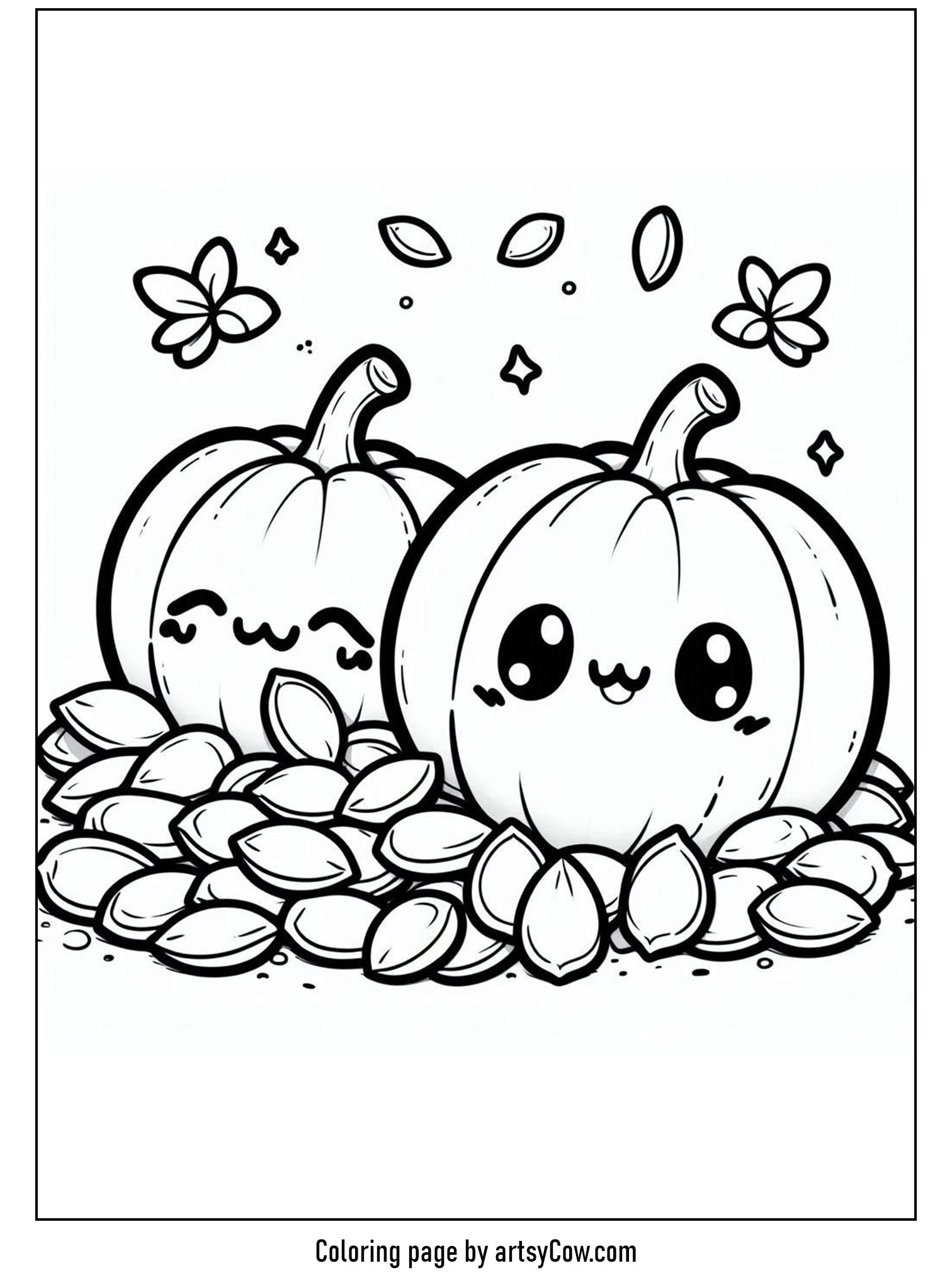 Thanksgiving day coloring pages for kids featuring two happy pumpkins surrounded by playful seeds and fluttering butterflies.